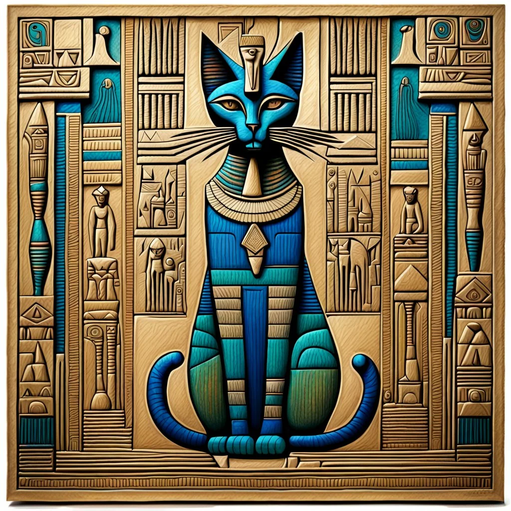 Cubism iridescent 3D-shaded Egyptian abstract art in Morris Hirshfield's richly textured style on weathered parchment. Engraved Egyptian glyphs. Highly detailed. (Bastet, the Egyptian cat goddess, sitting on a pedestal in a complex, detailed temple room, in front of beautifully decorated pillars adorned with Egyptian glyphs, and ankhs, on a noble, tiled floor. The cat wears tattoos, and her body is adorned with precious gold and lapis lazuli jewelry.) palm trees, more cats in soft focus backgrou
