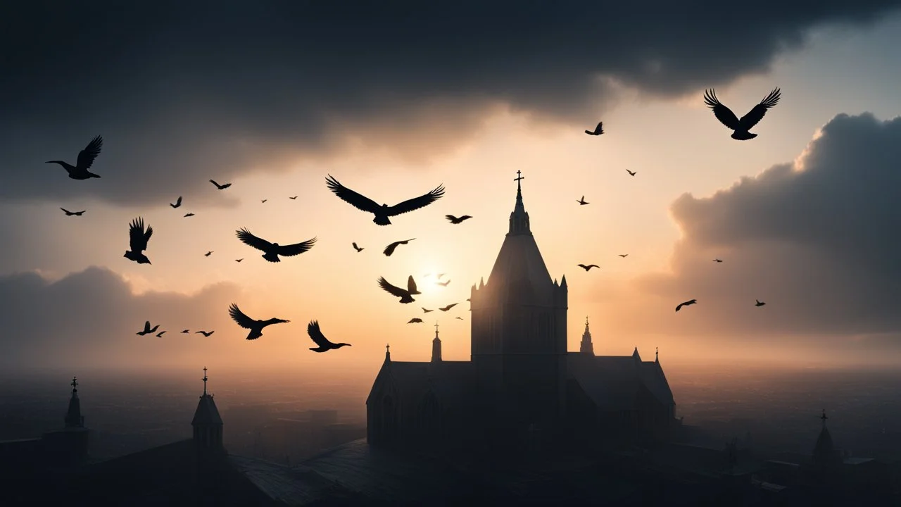 Hyper Realistic Church At The Far Bottom Left Corner Of The Image With Cloudy Sunrise of about 9 am with silhouettes of few birds flying showing dramatic & cinematic Ambiance.