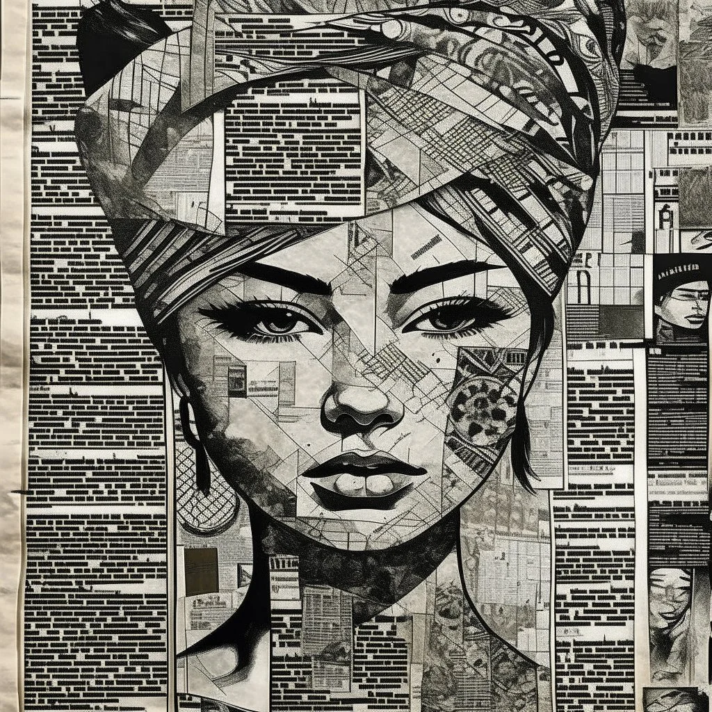 Charcoal drawing illustration collage, marker drawing portrait of a Vietnamese woman on collage of book pages, magazine headlines cutouts, musical notation paper scraps, by Peterdraws, flowerpunk, boho styled fabrics, intricate, buttons, wirework jewelry, by Loui Jover