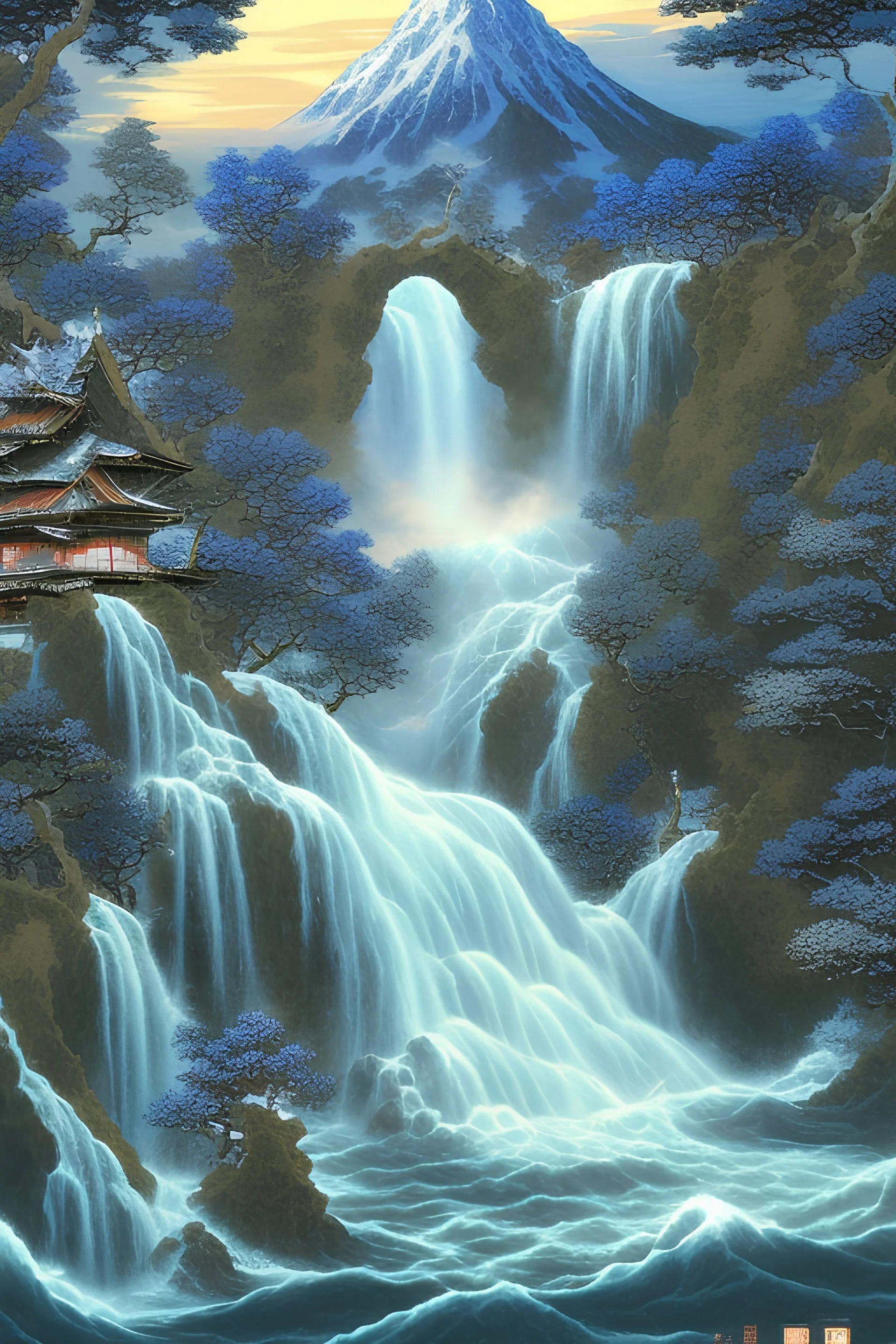 one waterfall leading out in multiple waterfalls painted by hokusai