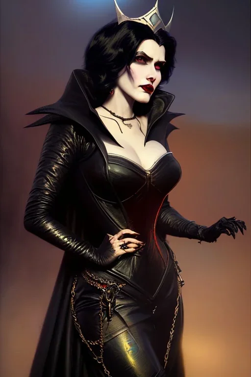 painting of morrigan hel as evil queen in black leather gown, feminie, angry, stern look on her face, emperious, highly detailed, digital painting, artstation, concept art, smooth, sharp focus, illustration, art by gaston bussiere and alphonse mucha