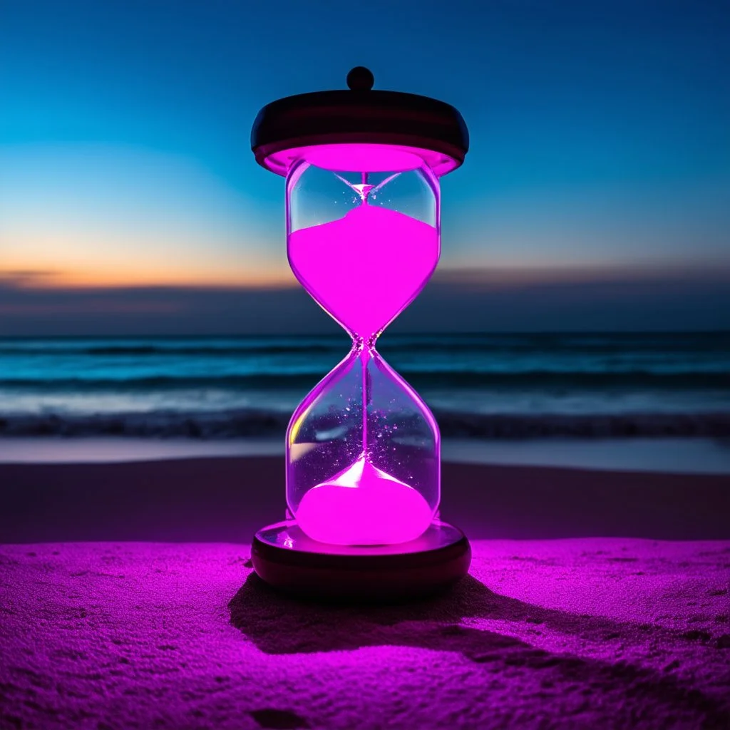 an hourglass on a beach at night, purple light