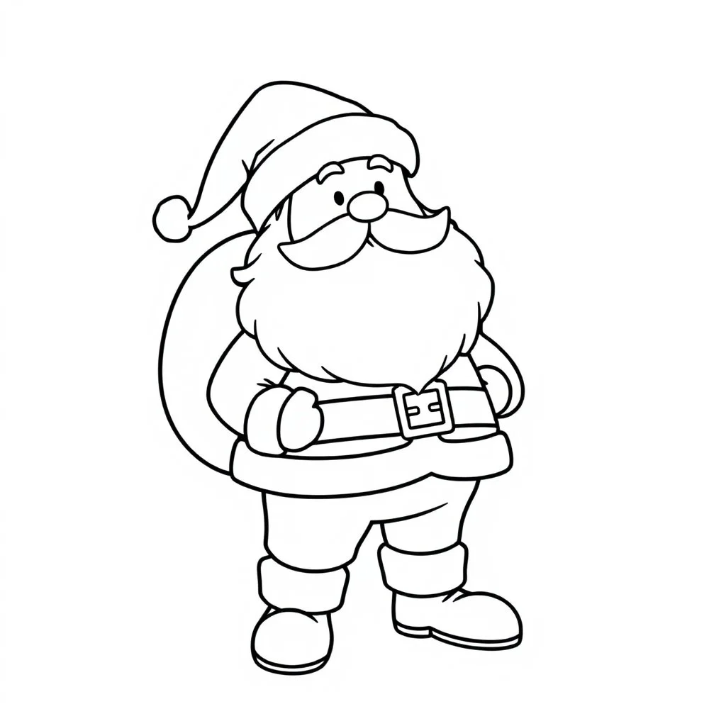 A black and white cute drawing of a Santa Claus . Only outline, white background,for kids. The illustration should be in [SUPER SIMPLE], black and white, bold line art with a clear, mostly empty background. [INCLUDES ONLY OUTLINES WITH NO FILLED IN BLACK AREAS], ensuring no shading, no complex images, and making it very easy to color in between the lines.