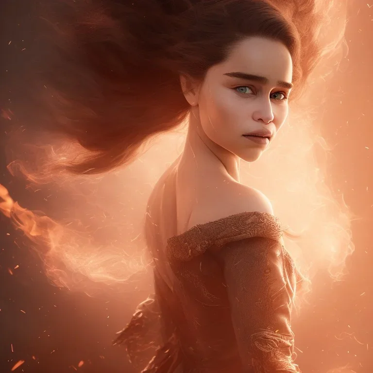 portrait only a wonderfull highly detailed emilia clarke, dragon fantasy, big curves, voluminous long black hair, fire and fog particles, 55 mm