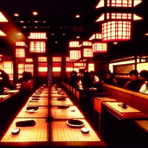 Escena de restaurante japonés estilo blade runner lleno de personas comiendo