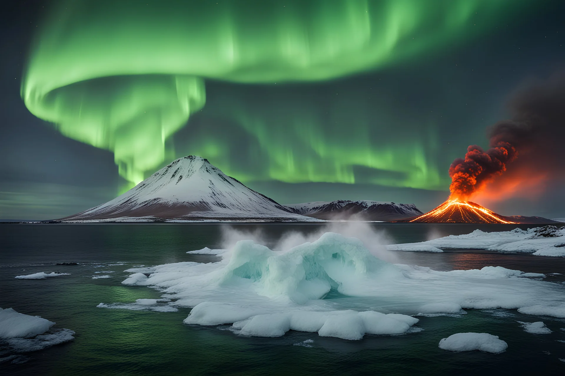 Icelandic landscape with a big volcano on Fire, 1 icebergs on the sea, and northern lights. Put a big cruise boat on the sea in the middle