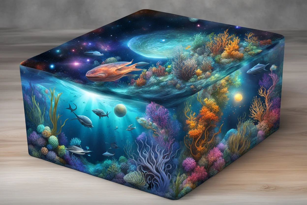 hyperrealistic, 4k, box for storing things with beautiful drawings a lot of colours, very detailed, subnautica, sea plants, planets space, galaxies,