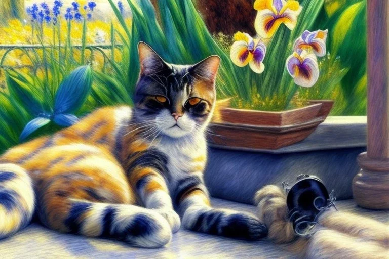 Zwei Katzen auf der Terrasse. Auguste Renoir, paws, very perfect iris, playing music, realistic, extremely accurate, delicate, extremely detailed, Graphic novel style, wide-angle, open aperture, superfine pencil