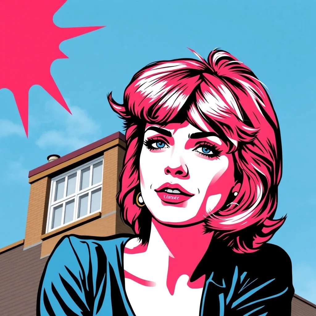 Debbie harry in pop art style, on a building roof