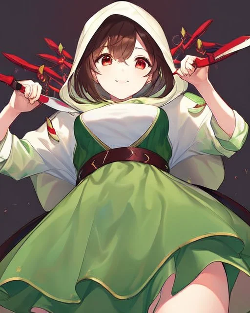 A character with short brown hair, red eyes who wears a green blouse open with its hood, below the blouse a white shirt, holds a bright red knife, smiles madly, dark background Very dark and HQ art and painting style.