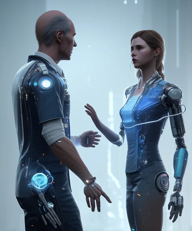 detroit become human, man, women looking at each other, real Handshake with both hands, sci-fi fantasy style, volumetric lighting, particales,highly detailed,cinamatic, deep colours,8k.