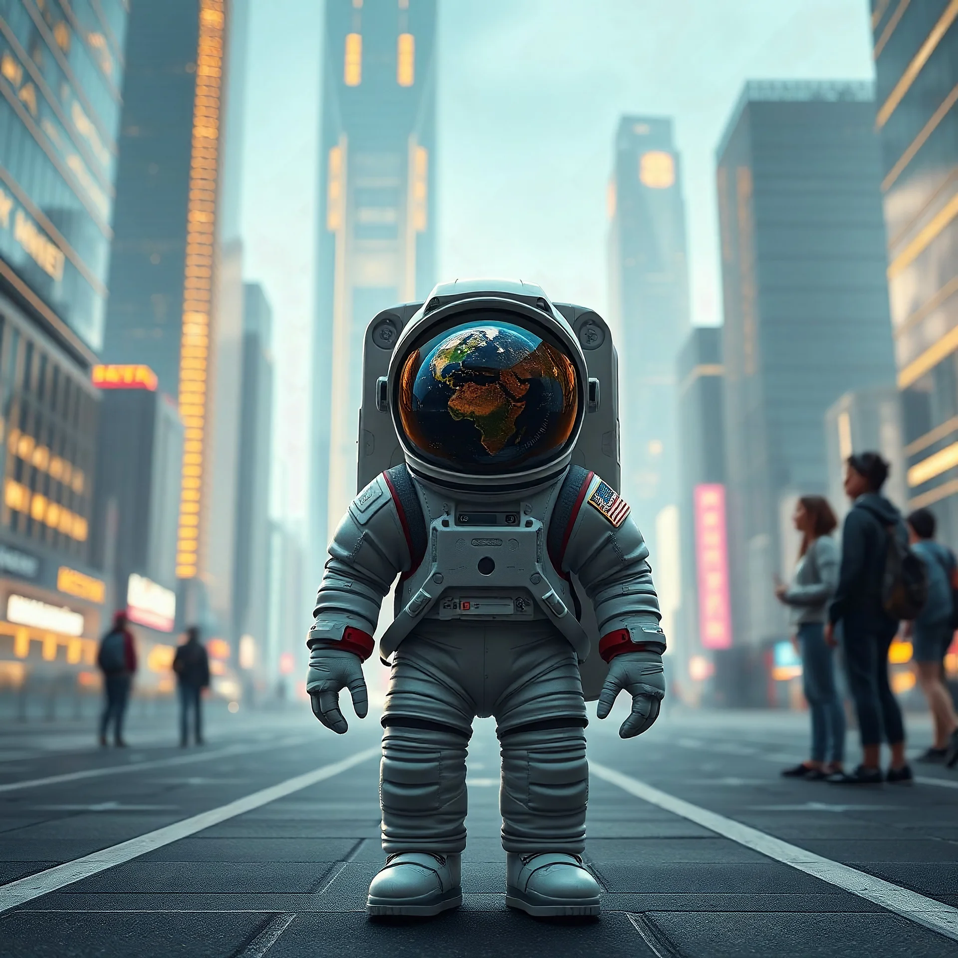 3d render high quality detail an astronaut standing on a futuristic city street, surrounded by towering, glowing skyscrapers. The astronaut looks small and isolated, with the reflection of Earth visible on their helmet, symbolizing a recent return from space. Behind them, curious bystanders gaze at the figure, unfamiliar with their presence, enhancing the sense of alienation and wonder.