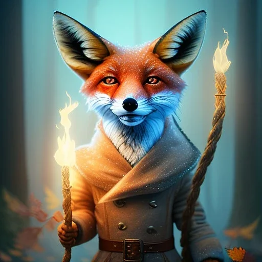 upper body of cute tall fox wizard with big eyes holding magical torch , wood and rope bridge in magical forest, spray painting, autumn foliage frame, fantasy art , sun, movie poster, Realistic photography, incredibly detailed, ultra high resolution, 8k, complex 3d render, cinema 4d, color corrected