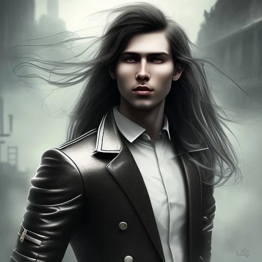 Male, Human, dark long hair, Black Eyes, Young, Hyperrealism, Full Body Shot, City Background, sharp focus, dark, black, steampunk