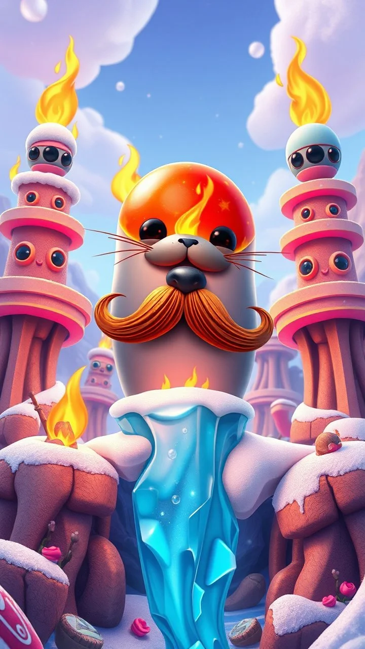 candy crush cannon ball seal with fire mustache above frozen artic jungle with weird alien towers gets torn apart under him, in the style of Pixar, expertly crafted in a whimsical and vibrant cartoon style. is masterfully rendered in a lifelike 3D design, which captivates viewers with there irresistible charm.