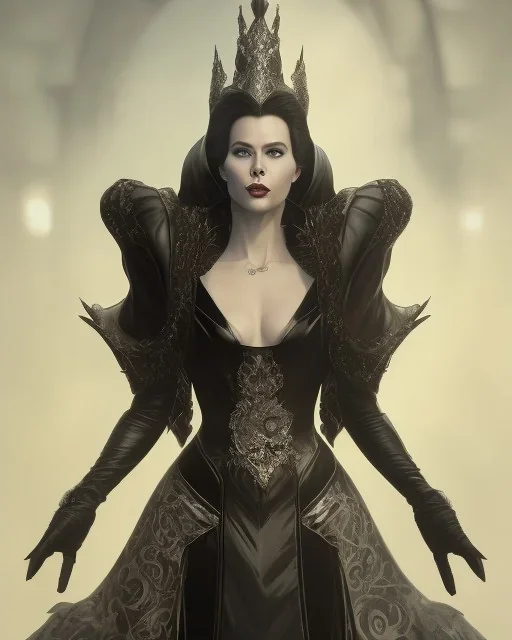 old evil queen in black leather gown, femme fatale, volouptous, busty, cleavage, angry, emperious, 8k resolution concept art portrait by Greg Rutkowski,