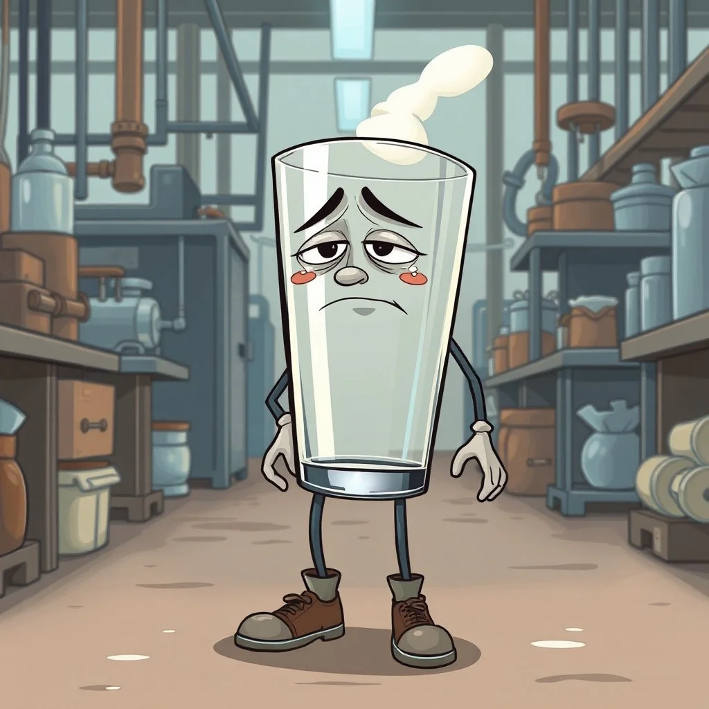 an very sad transparent drinking glas man with legs and shoes, working clothes, in a factory, nobody cares about the empty glas, that is why he is so sad :( , he had worked 30 years in the factory and never had a salary increase, tears in his eyes, cartoon style