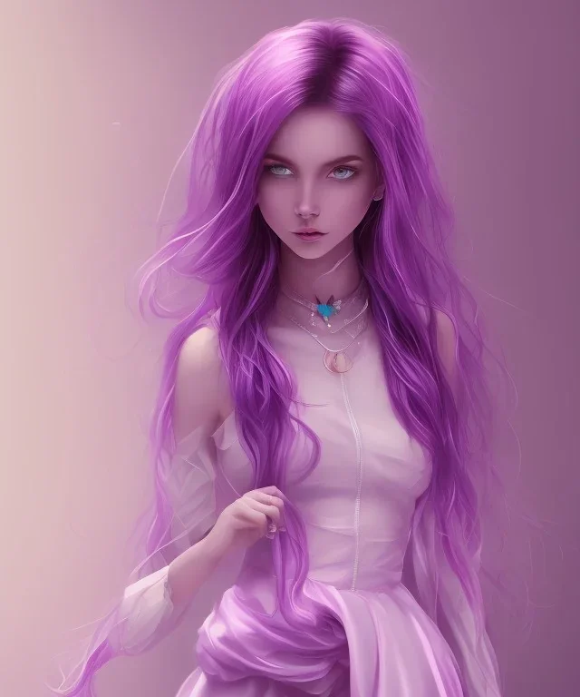 cute purple haired human girl with bright green eyes wearing purple/pink dress