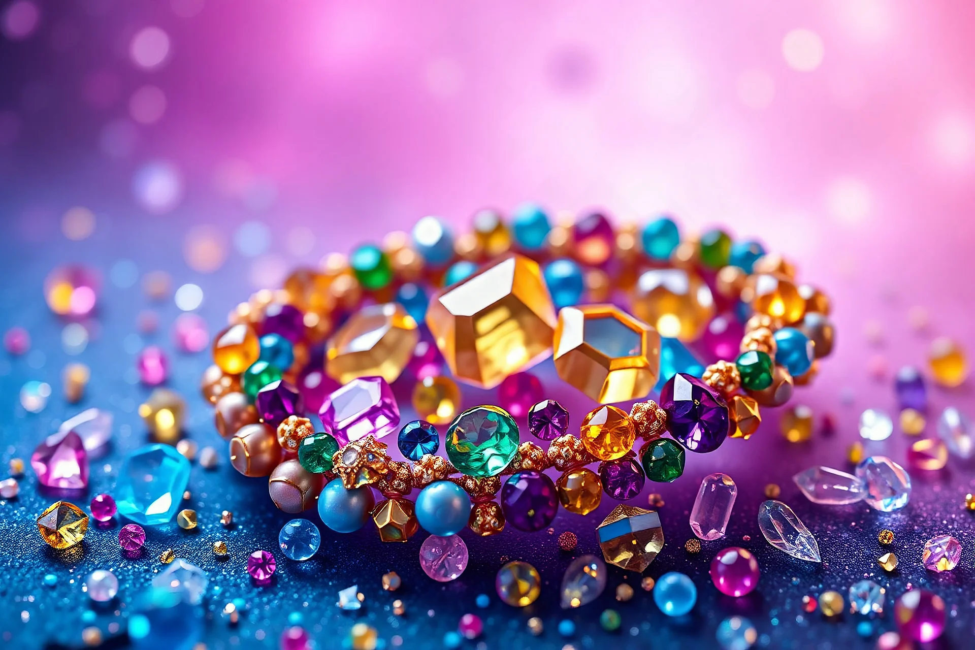 a photorealistic octane render, cinematic, cosmic background, exotic jewerly, blue pink, cosmos background creating an iridescent rainbow-like effect, numerous gemstones and beads of various sizes and colors, including pink, blue, yellow, green, and purple, full body