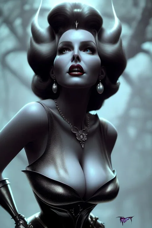 Rita Hayworth as evil queen in black leather, leather, busty, cleavage, angry, stern look. character design by cory loftis, fenghua zhong, ryohei hase, ismail inceoglu and ruan jia. unreal engine 5, artistic lighting, highly detailed, photorealistic, fantasy