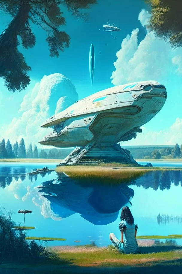 spaceship in a clearing, next to a lake, with a woman kneeling under it repairing it, blue sky