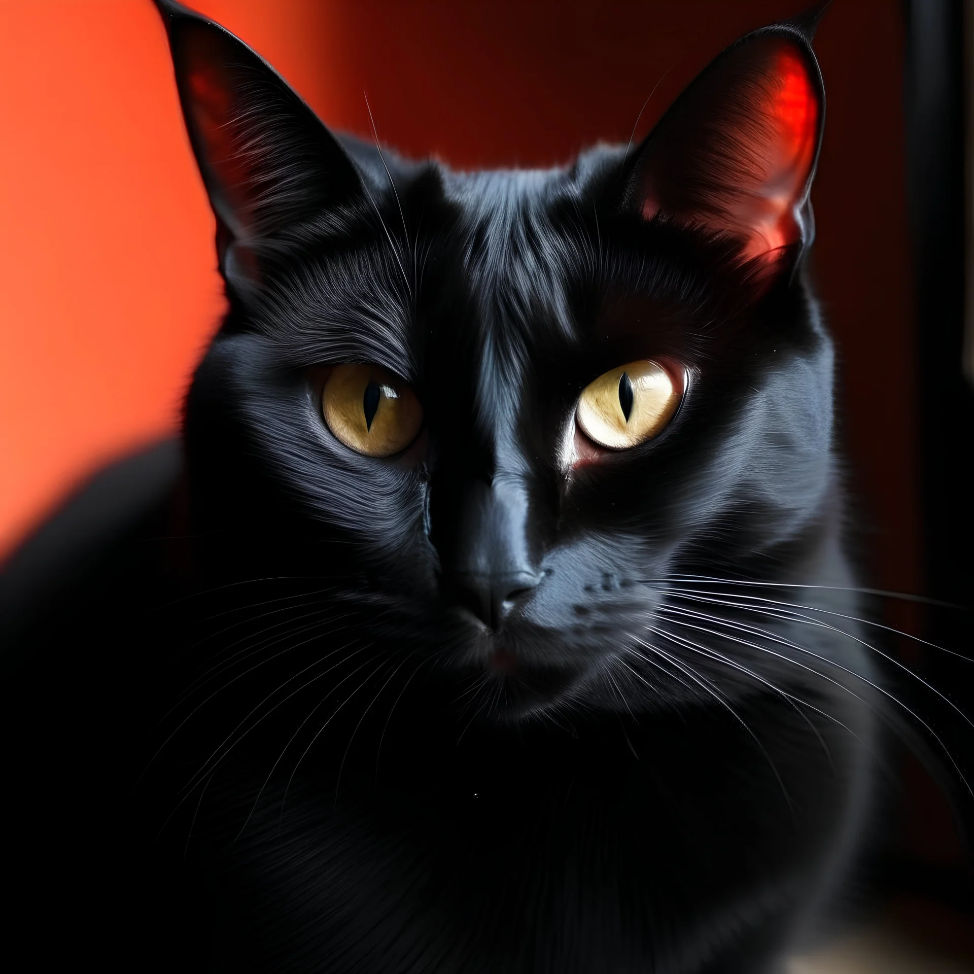 a black cat with red eyes