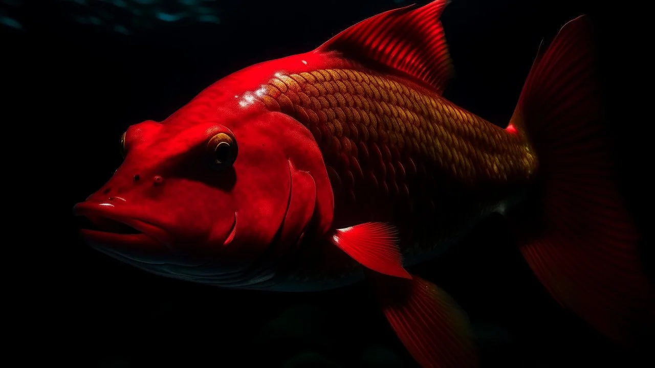 A large, vibrant red fish with prominent scales and fins swimming in a dark, mysterious underwater environment