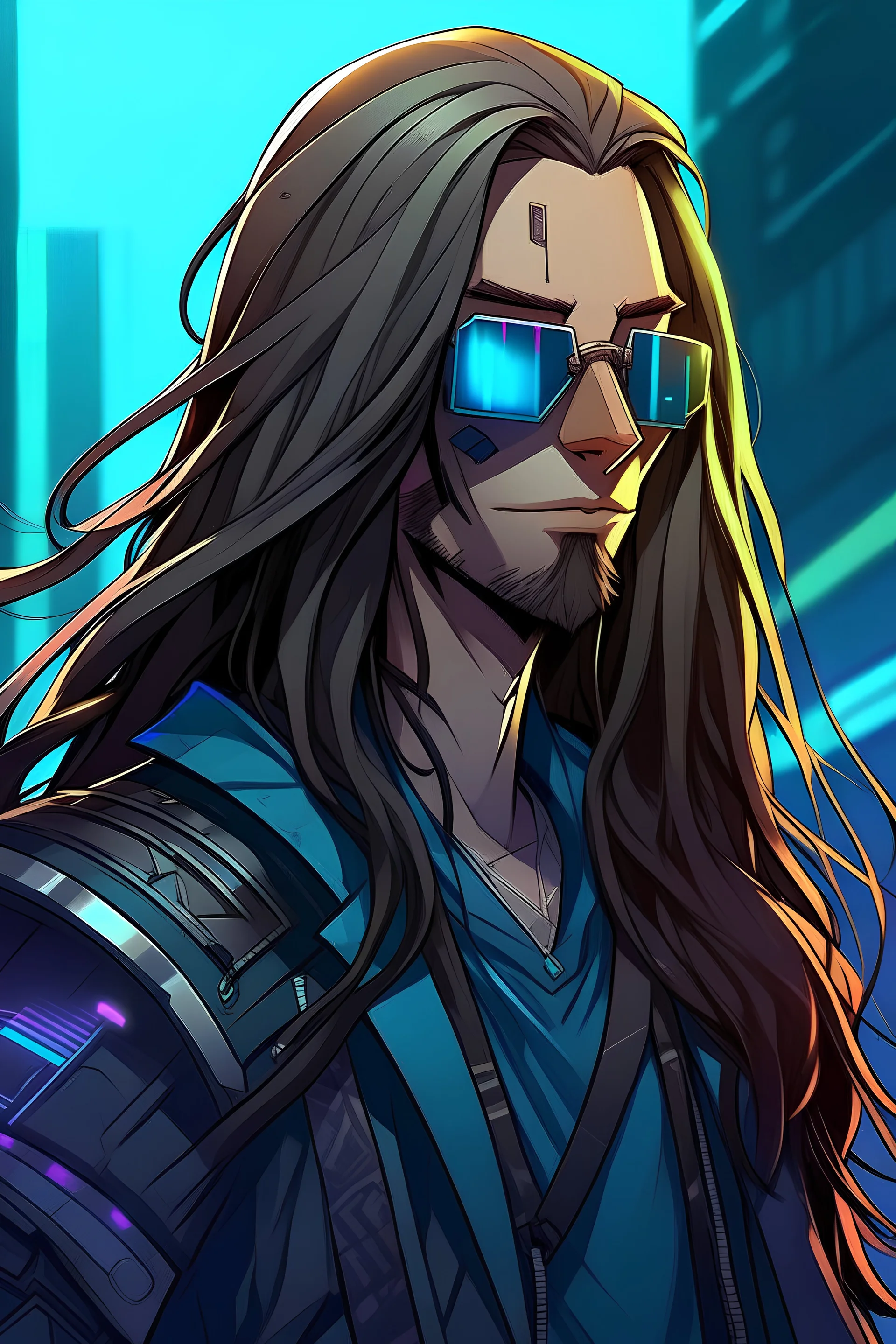 male cyberpunk solo with long hair, german, Wearing Urban Flash and mirrored sunglasses, suave, strong, nice, Anime Style, Retroanime, Video Game Character