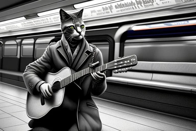 One single mature cat, perfect iris,guitar case, wearing clothes, sitting in the subway, Vienna, friendly, model style, hyper realistic, extremely accurate, delicate, extremely detailed, Graphic novel style, wide-angle, open aperture, superfine pencil