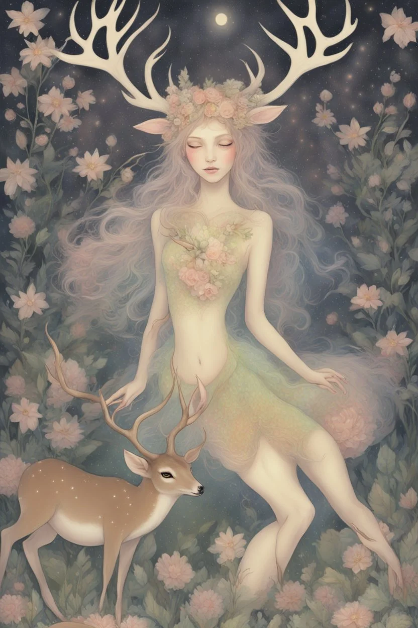 [laughing sexy faerie with a deer] As psychedelic Fiona, I feel myself drifting soft through billowing blooms of visual aid and aural ether. My slender form shimmers in gossamer raiment woven from sunshine, moonglow, and forest spirit; petal-soft hooves leave nary a print upon the stars I seem to walk. Beside me strides my Deery in dignity, his noble visage crowned with antlered emerald and bronze. Around us the glade pulses with bioluminescent being; the night is alive with pulse and song.