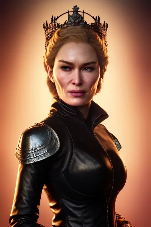 Cersei Lannister as evil queen in black leather coat, busty, cleavage, voluptuous, lena headay, angry, stern look. character design by cory loftis, fenghua zhong, ryohei hase, ismail inceoglu and ruan jia. unreal engine 5, artistic lighting, highly detailed, photorealistic, fantasy