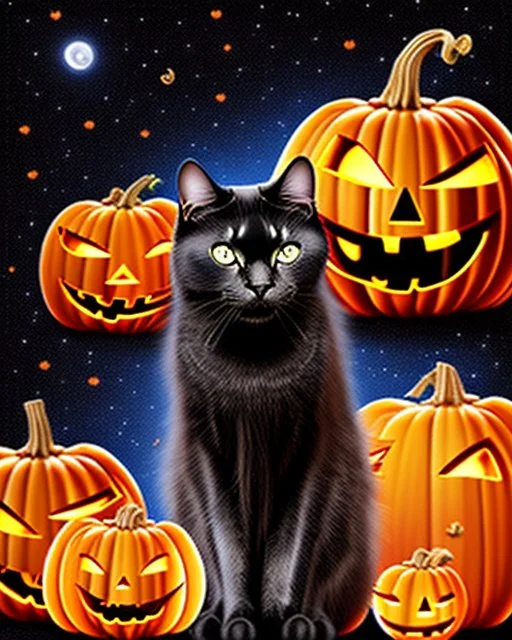 black cat on Halloween dancing with pumpkins in the photo of the starry sky