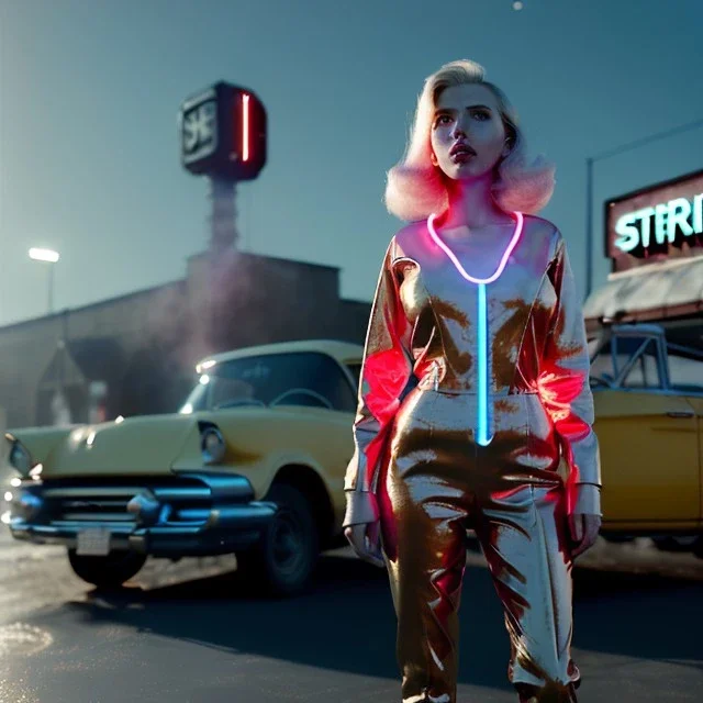 Ultra Realistic retro sci-fi, explosion Supermarket parking scene, 1960 year, blonde mistery woman, sweet scarlet Johansson face, perfect iris, glow eyes, face makeup, tight latex coat; many panic people, Retro sci-fi style, soft color, highly detailed, unreal engine 5, ray tracing, RTX, lumen lighting, ultra detail, volumetric lighting, 3d, finely drawn, high definition, high resolution.