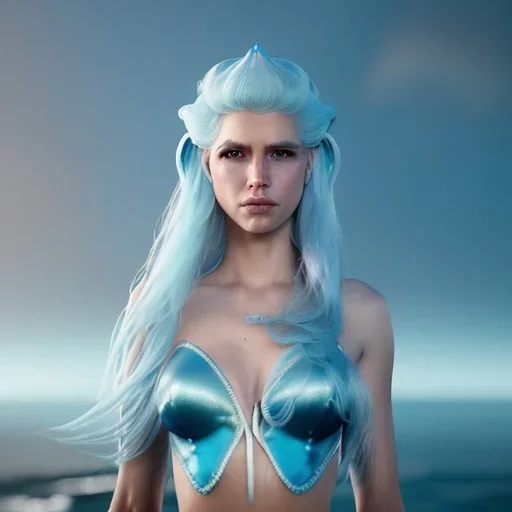 [Sea Elf] [Maormer] Queen with [white hair] and [blue skin] on a ship fantasy realism