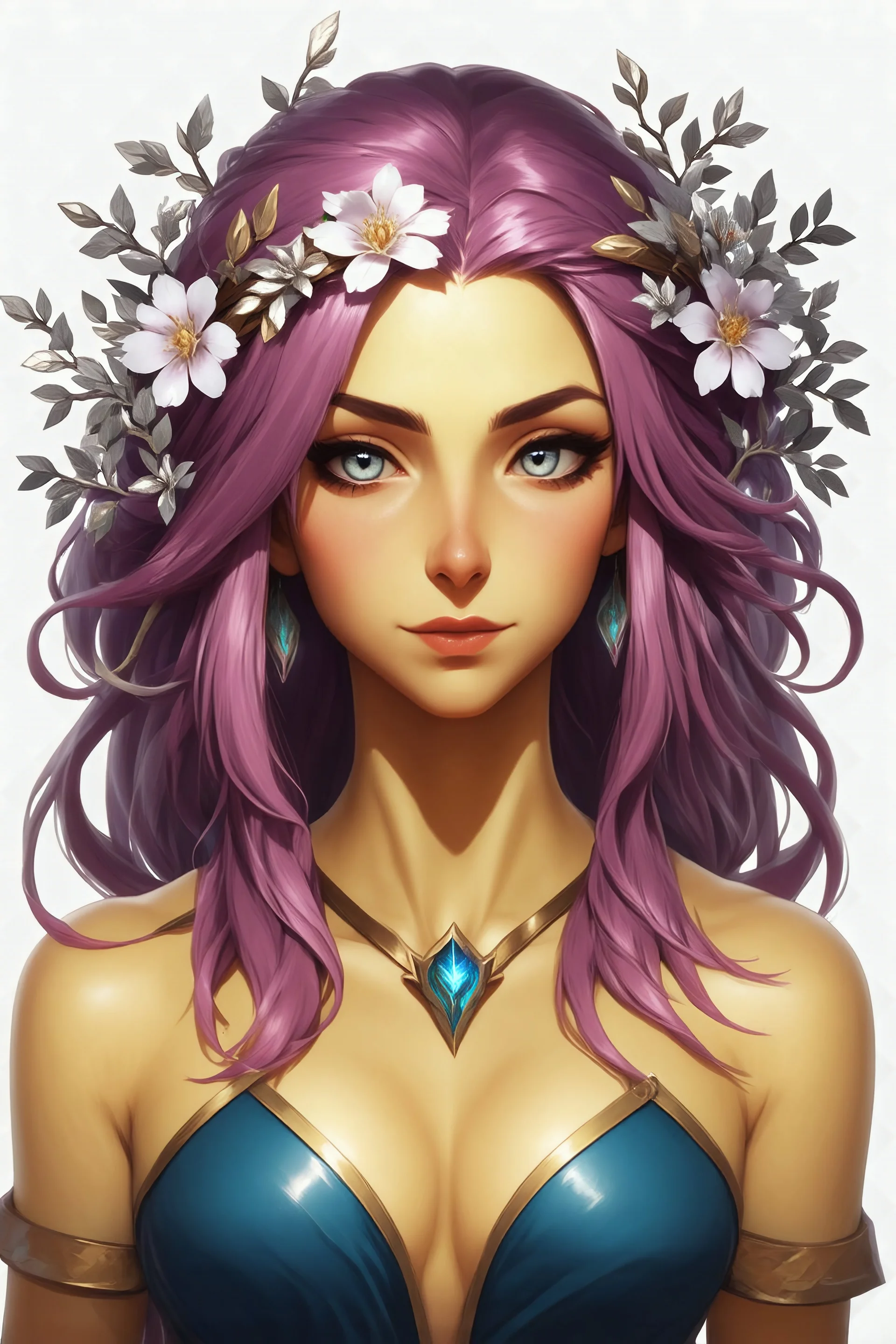 Generate a dungeons and dragons character portrait of the face of a female Summer Eladrin. She is a circle of the ranger. Her hair is purple-pink and voluminous. Her skin is a soft yellow. Her eyes are like new flowers. She wears a dainty circlet made of silver coated branches with flowers.