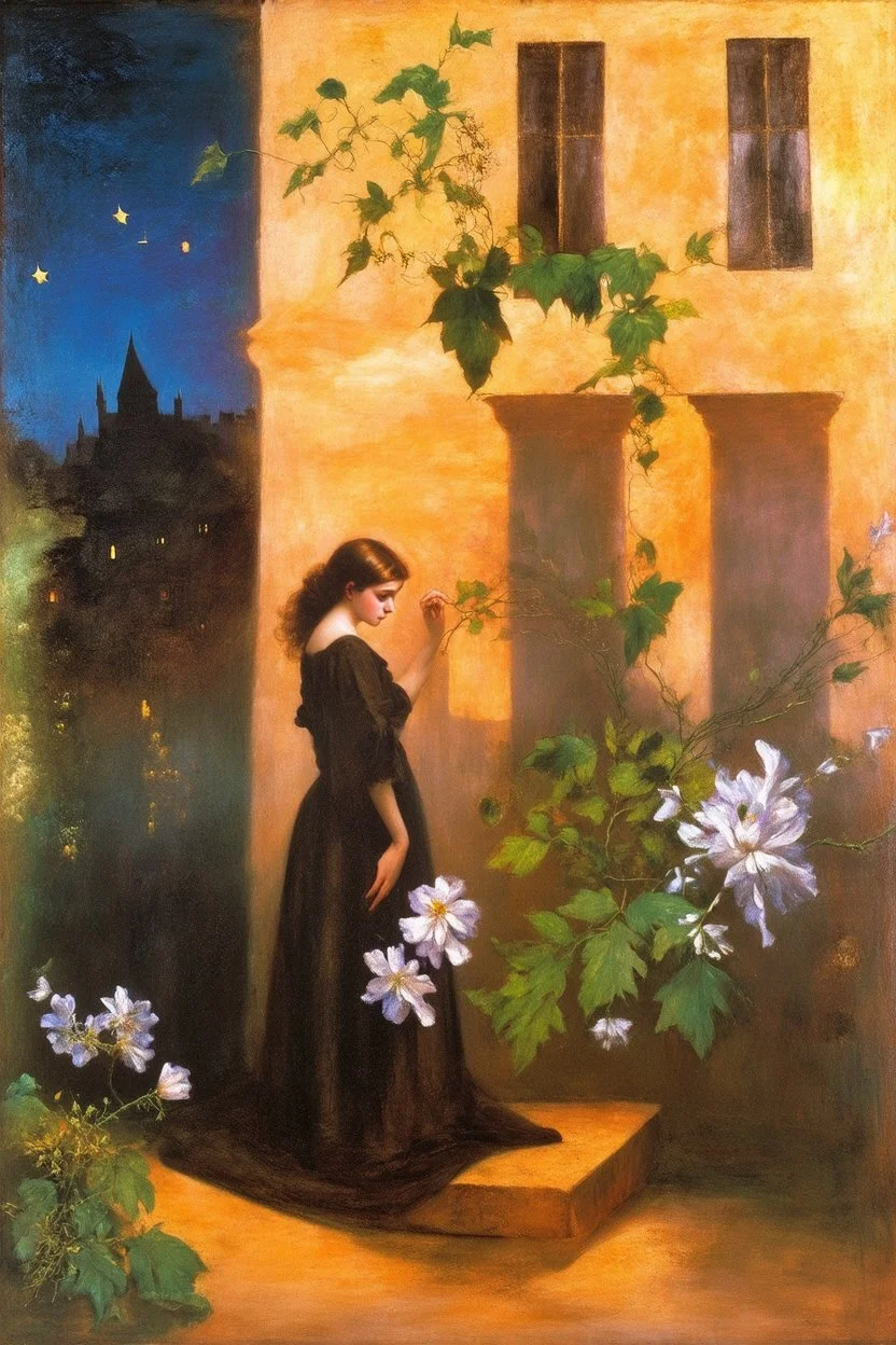 Night, one woman, flowers, vegetations, gothic horror films influence, creepy, depressive, gloomy, witch influence, arnold bocklin, and henry fuseli paintings