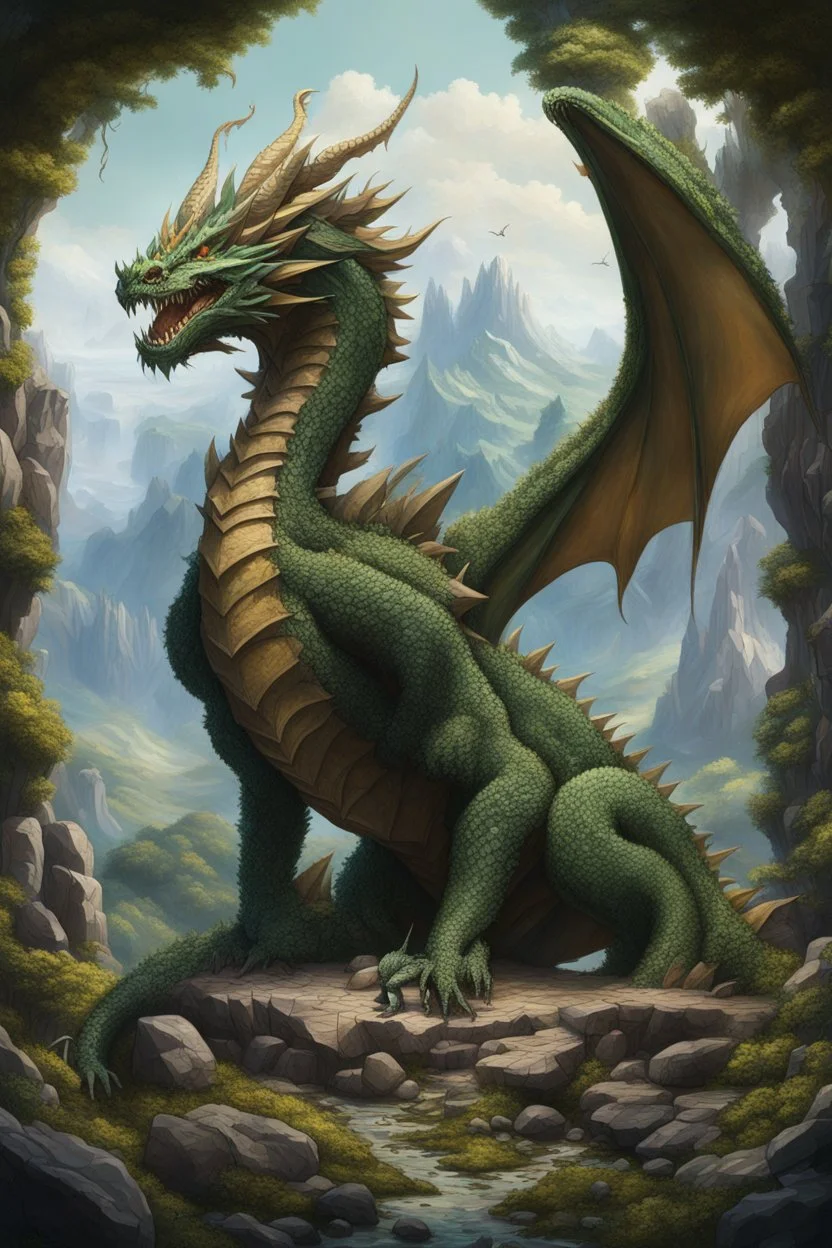 Craft a hyper-maximalist, intricately detailed cinematic painting in an earth-bender theme. The scene showcases a colossal earth dragon and its queen, standing strong and powerful on a vast landscape of rugged mountains and lush forests. The dragon is a manifestation of the earth, with a body made of stones, moss, and living vines, its presence causing the ground to tremble. The queen, robed in garments that mimic the textures of the earth – from rich soil to delicate foliage, exudes a commandin