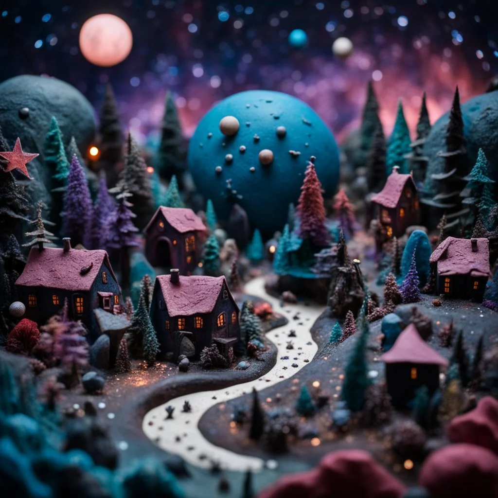 Detailed creepy landscape made of modeling clay, people, village, stars and planets, naïve, Tim Burton, strong texture, extreme detail, Max Ernst, decal, rich moody colors, sparkles, bokeh