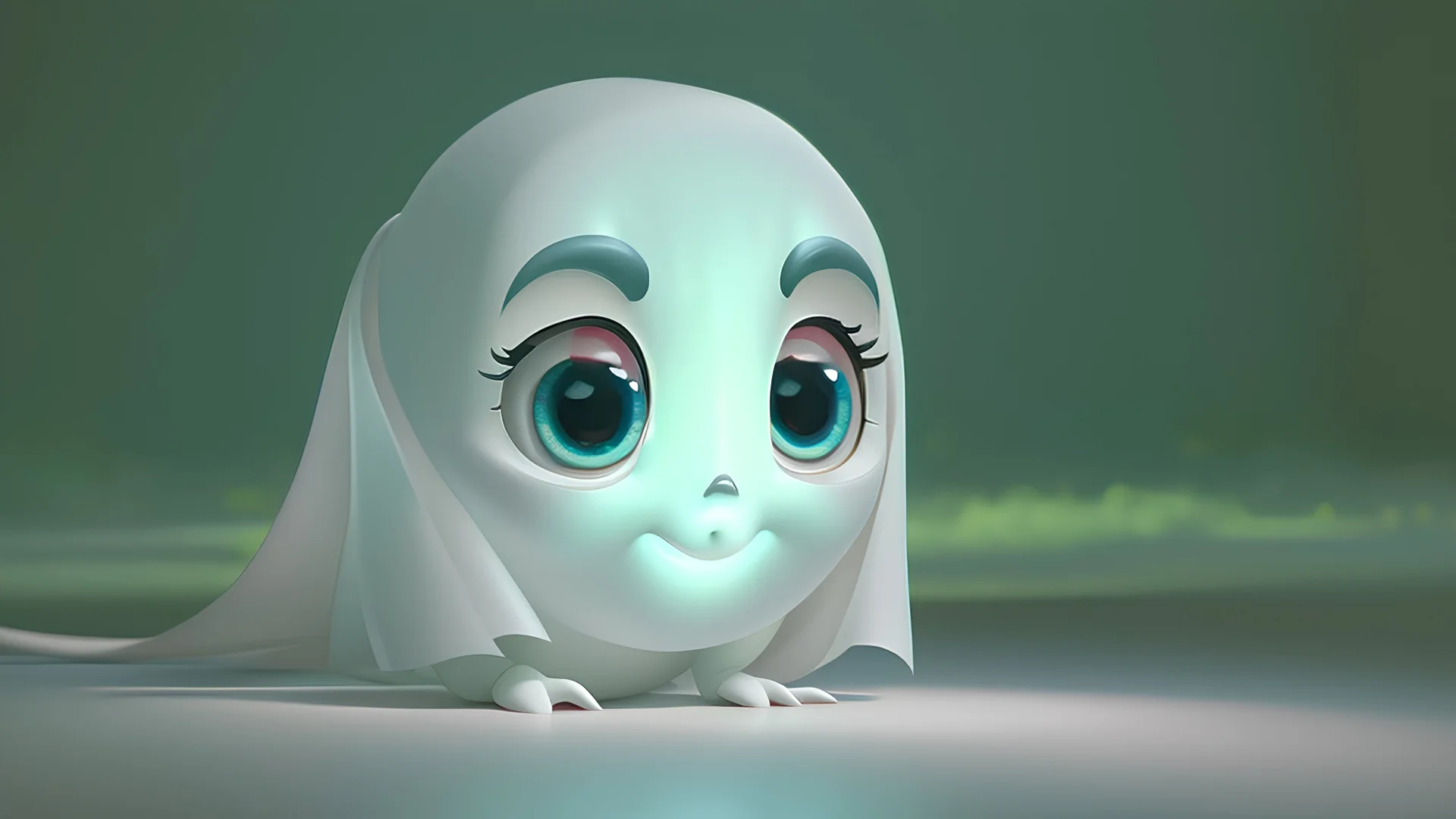 pixar style, cute ghost with adorable eyes, friendly, cinematic lighting