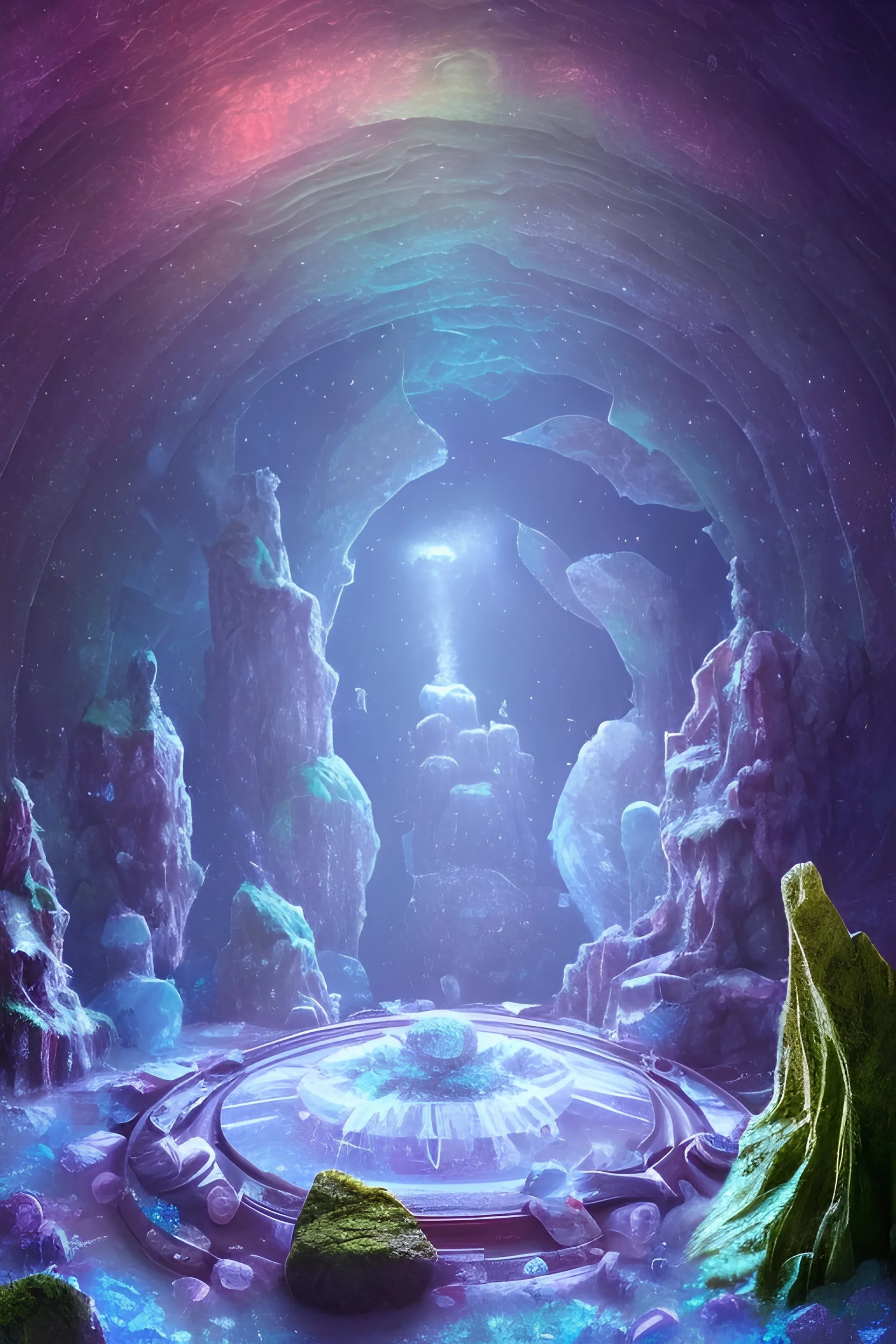 hedjuk, cristal castle crystalline, beau , fin, renderin, room, cosmic, opalescent, 100mm, opalescent, gemstones, crystals, object, other worldly,water, rock, moss,bright, ice background