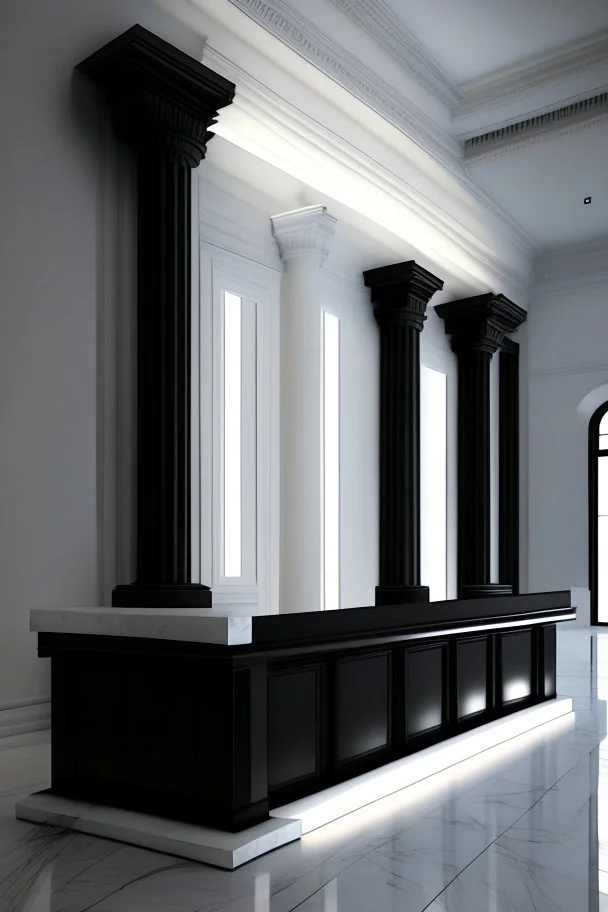 Museum reception desk with black walls, white floor, hidden or rich lighting with columns at the back