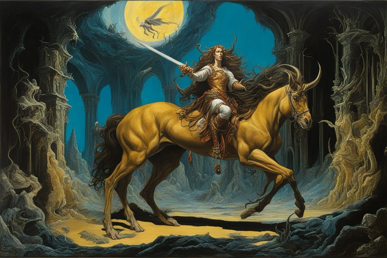 Centaur, expansive, fantastical dungeons and dragons atmosphere, matte oil Renaissance painting, by Bosch and Botticelli and Kelley Jones