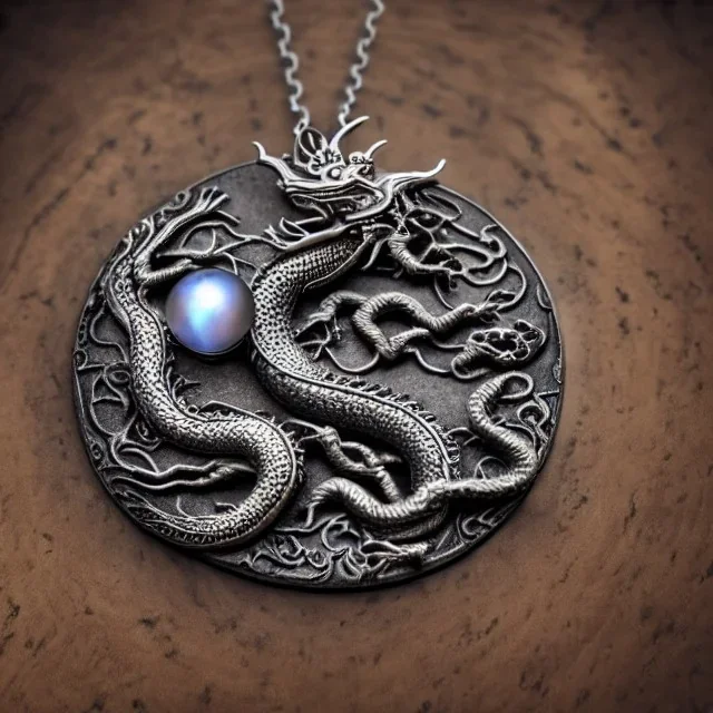 a gorgeous, stunning pewter necklace of a dragon clutching an illuminescent moonstone lying on a rustic wood table with crystal ball behind necklace, 8k resolution, high-quality, fine-detail, photorealistic, intricate, digital art, detailed matte, volumetric lighting, illustration, 3D octane render, brian froud, howard lyon, selina french, anna dittmann, annie stokes, lisa parker, greg rutowski, George Grie, Ben Goossens, Igor Morski