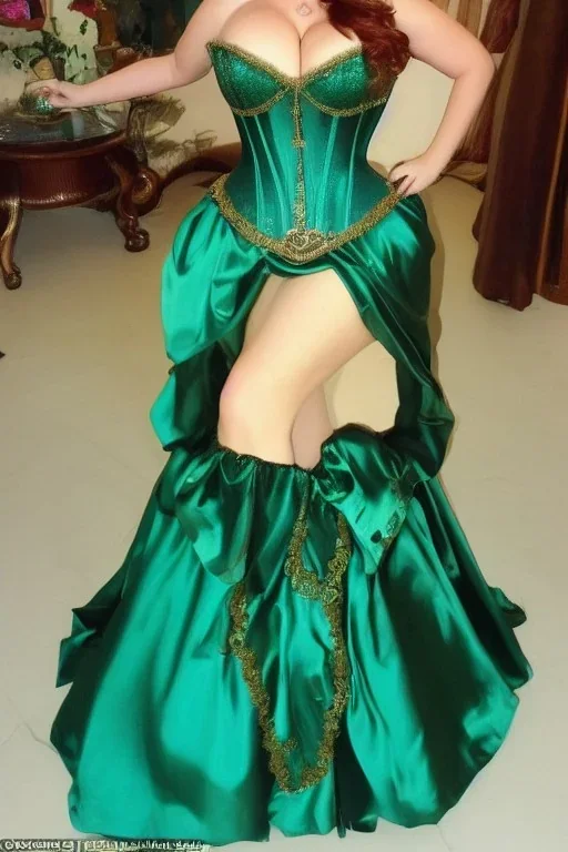 Busty princess full body with long auburn hair green eyes wearing a big dark teal green and gold satin ballgown corset off shoulder top at night