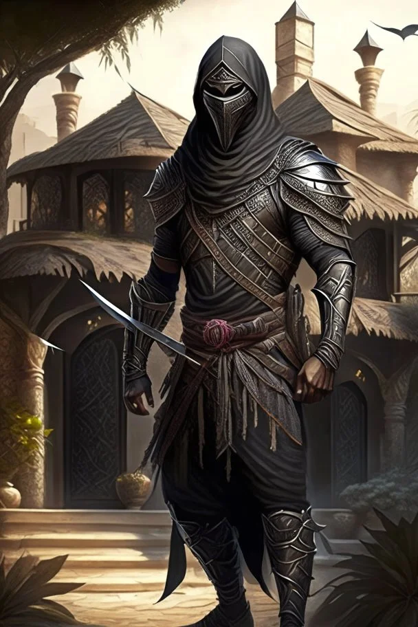 Arab warrior Full Body Full Armored Wearing Face Masculine Mysterious Powerful Fantasy High Quality with his bow black clothes His house behind him