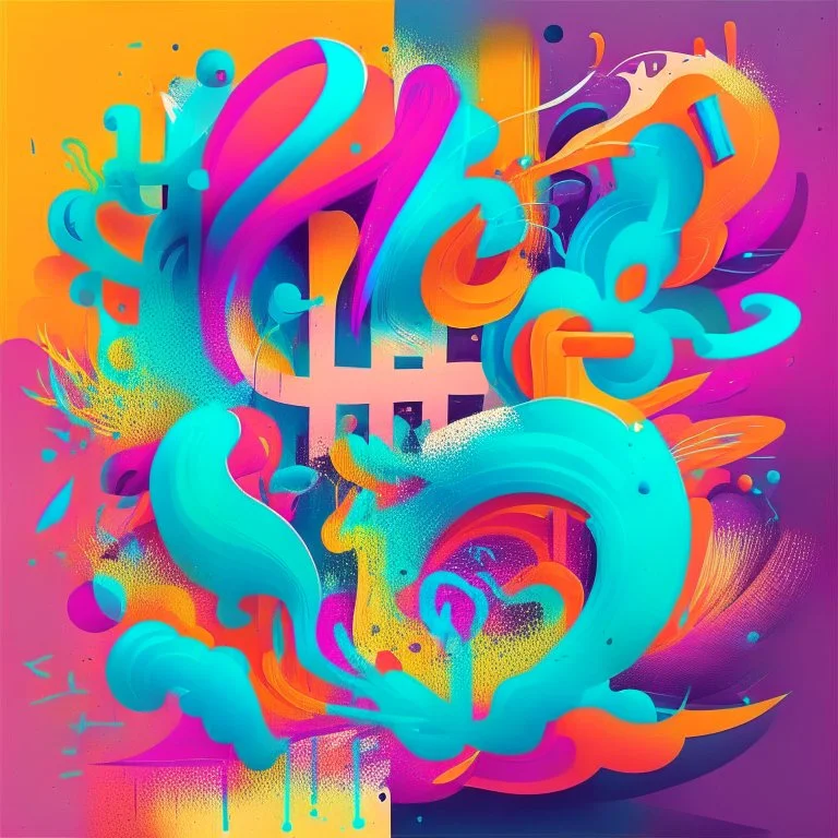 Create a vibrant and energetic illustration representing the initial stage of enjoyment and experimentation with hash. Command: Use bold and dynamic shapes and colors to convey energy and excitement. Elements: Joyful figures, swirling shapes, abstract patterns, smoke-like forms. postercolour