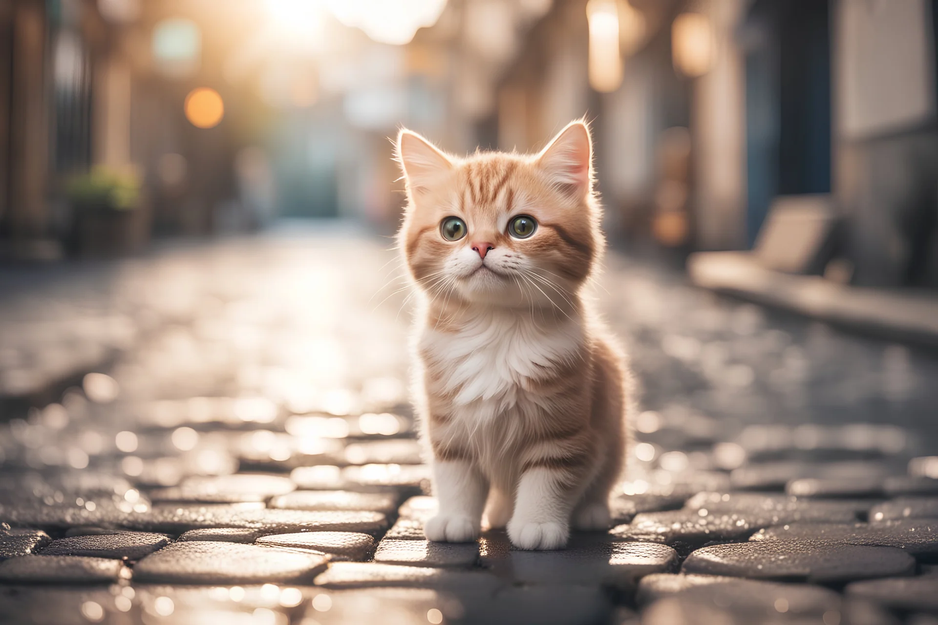 cute happy chibi cat standing on a wet cobblestone road in sunshine, ethereal, cinematic postprocessing, bokeh, dof