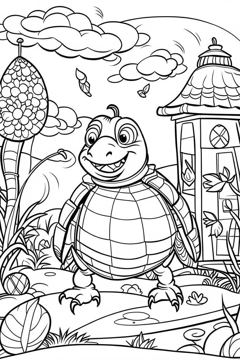 HAPPY NEW YEAR CELEBRATION coloring page for kids,Turtle carries lantern in New Year garden, thick outline, low details, no shading, no color