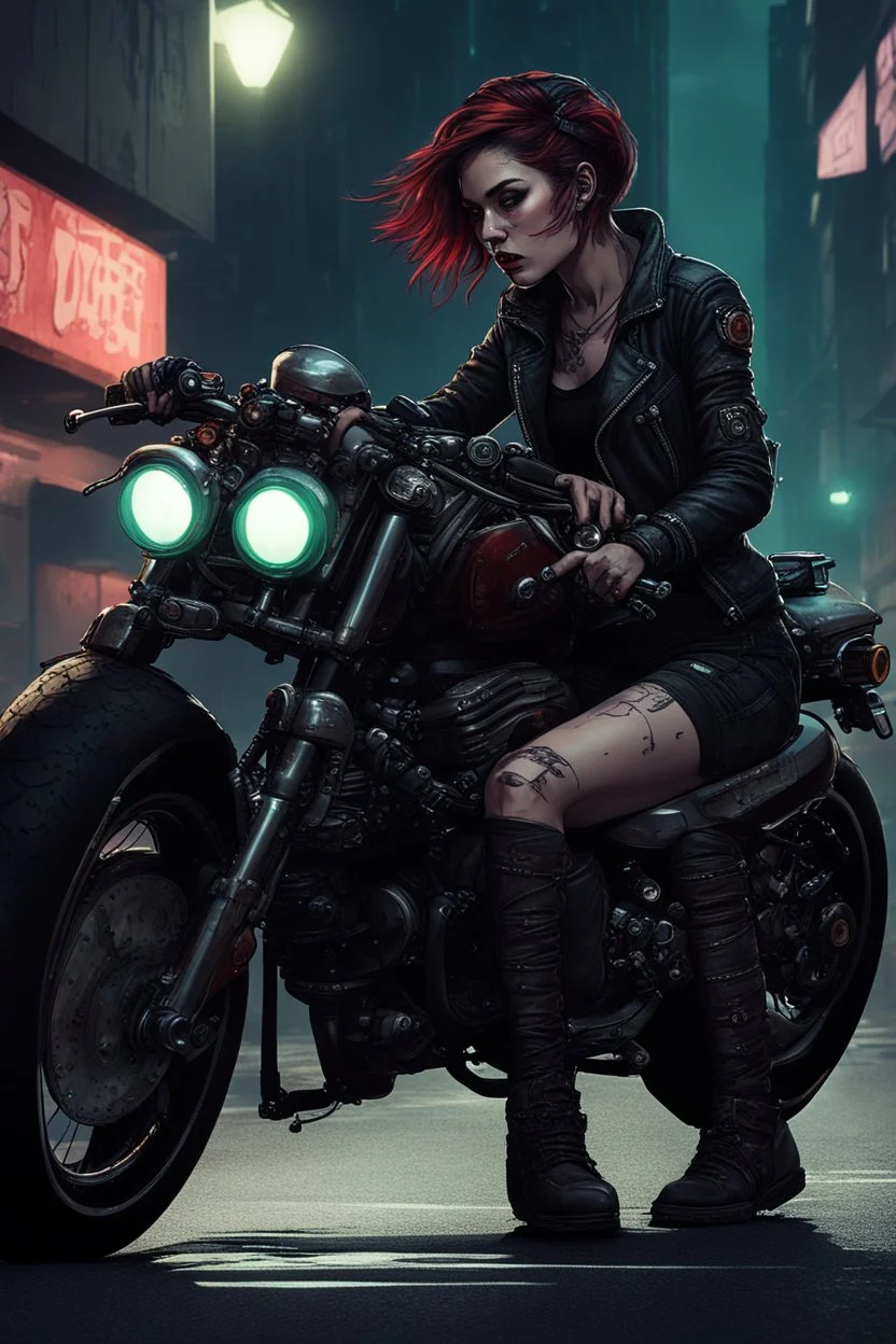 vampire girl with short cropped cyberpunk hair riding a cafe racer motorcycle in a post apocalyptic city at night