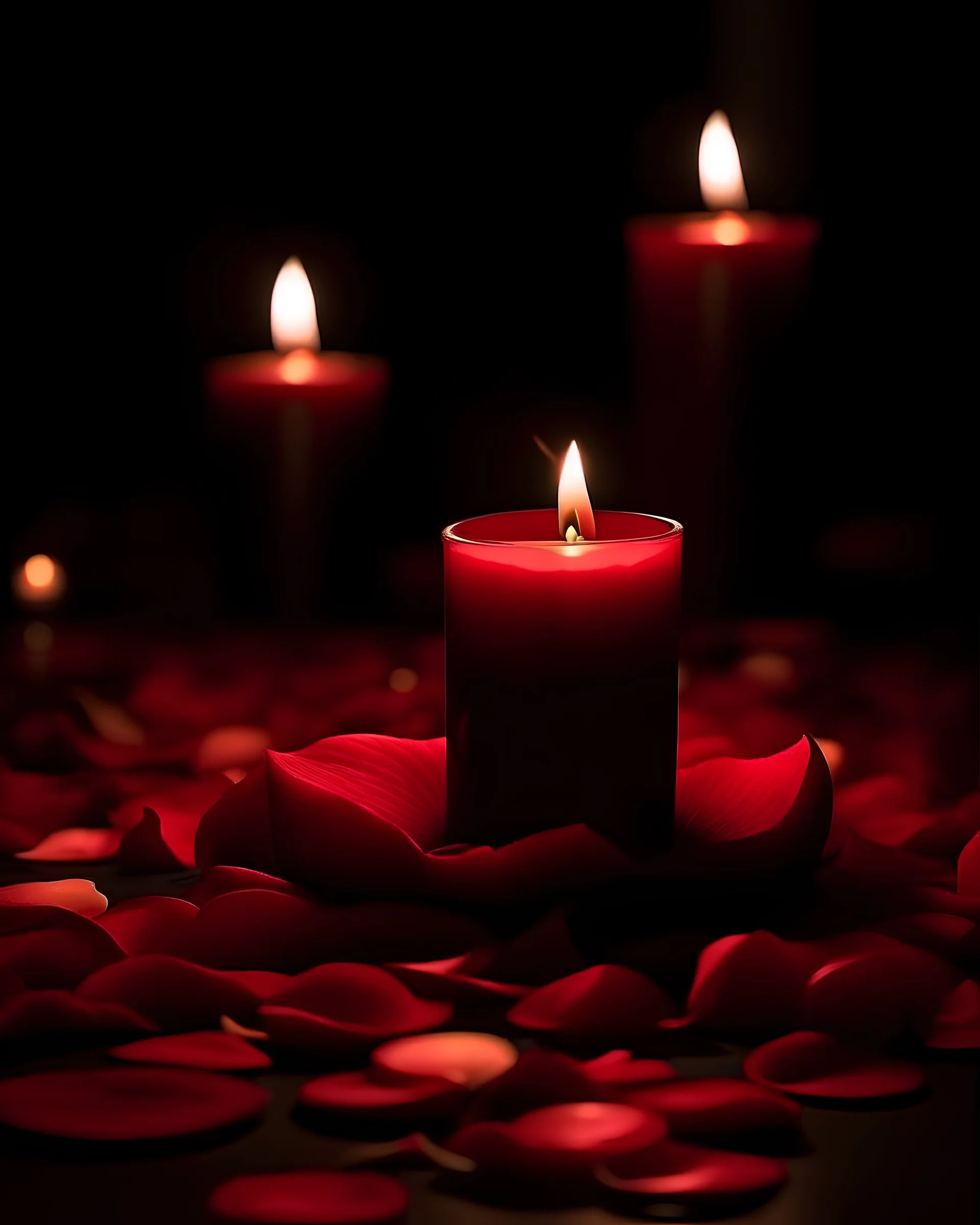 A close-up shot of a single lit candle standing tall amongst a bed of fresh rose petals. The petals are gracefully scattered around the candle, creating a visually appealing contrast between the flame, the petals, and the surrounding darkness.